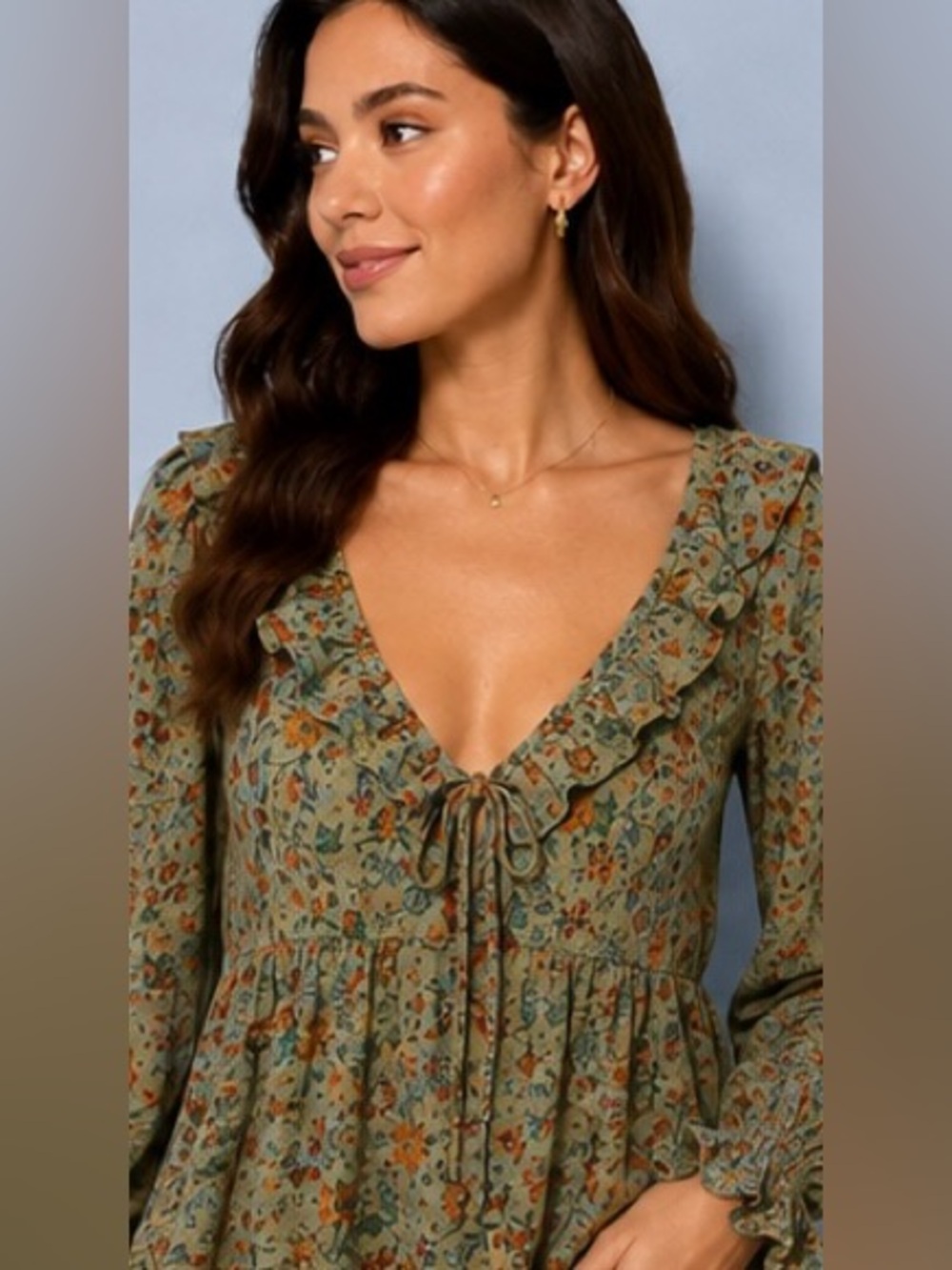 Reformation Wyn Top Ponderosa Olive Floral Ruffle Tie Front Blouse Size 4